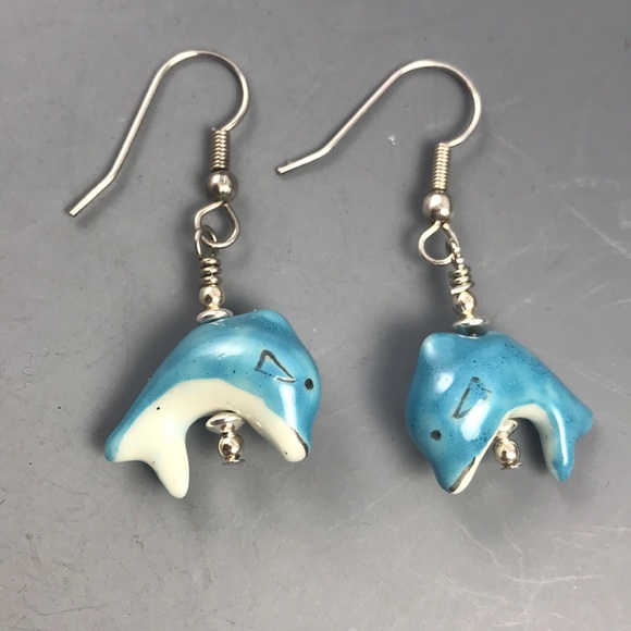 Delicate Dangle Ceramic Dolphin Earrings - Picture 2 of 3